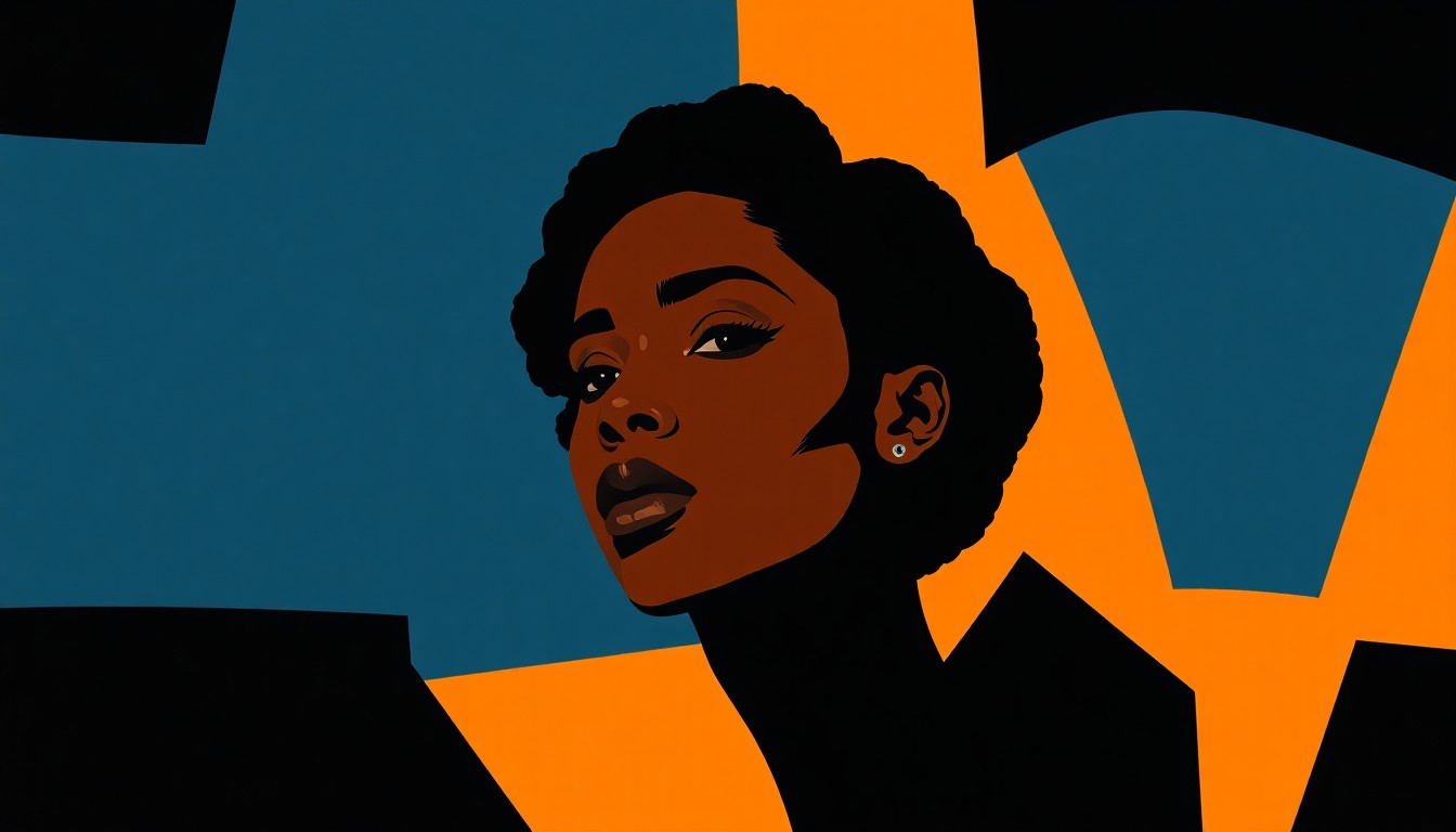 A dramatic, abstract composition of jagged, geometric shapes in deep indigo and bright ochre, conceptually representing the striking portraiture of artist Amy Sherald.