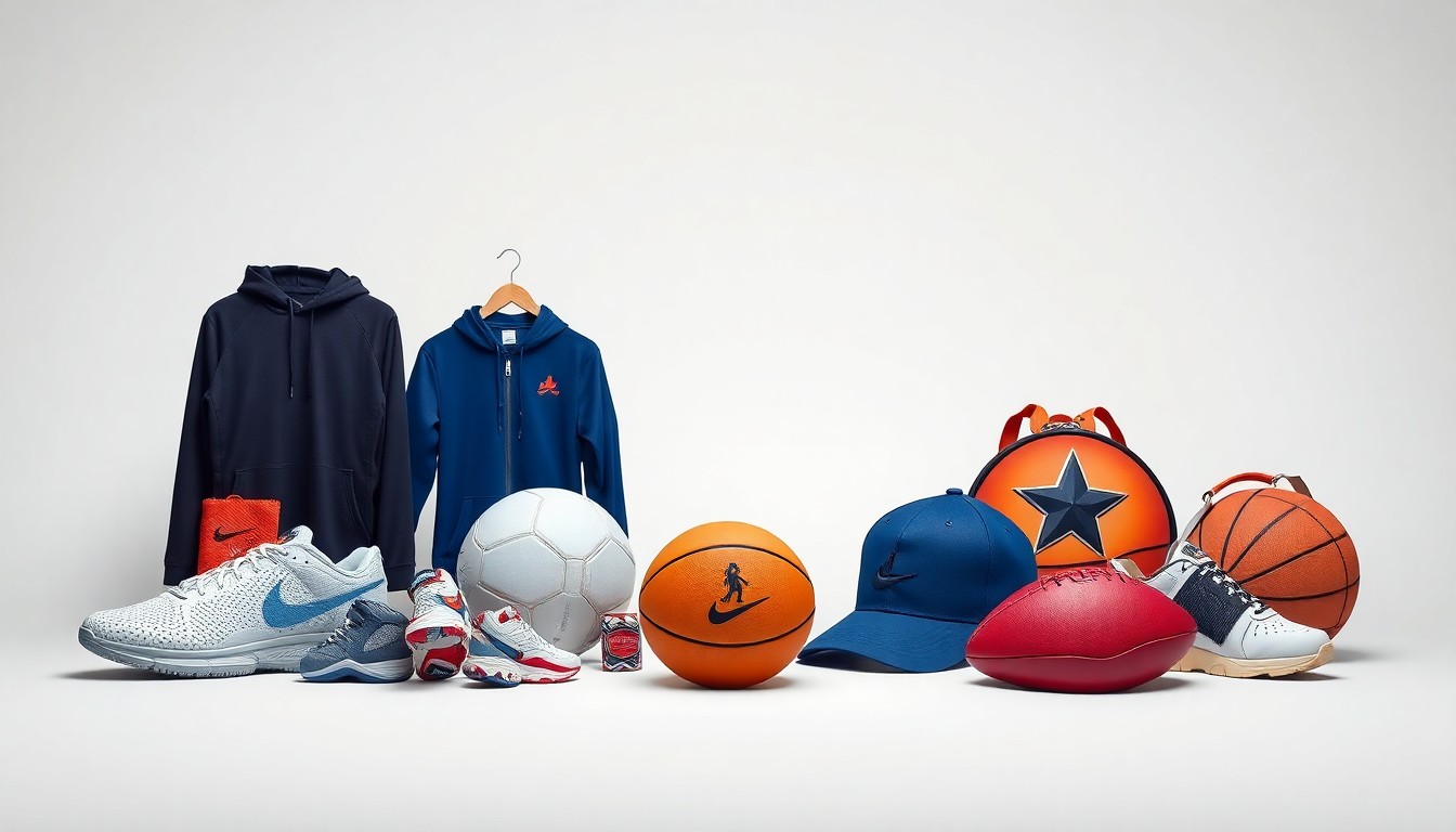 A high-end, photorealistic studio still-life photograph featuring a collection of premium sports equipment and apparel arranged elegantly on a clean, monochromatic background, symbolizing DICK'S Sporting Goods' strategy to revitalize the Foot Locker brand.