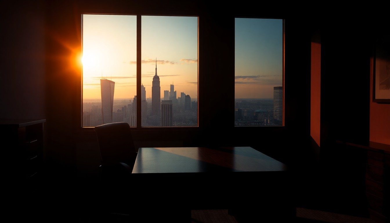 A dimly lit office space with a lone desk, chair, and window overlooking a city skyline at dusk, the scene bathed in warm, diagonal sunlight and deep shadows, conveying a sense of political intrigue and legal drama.
