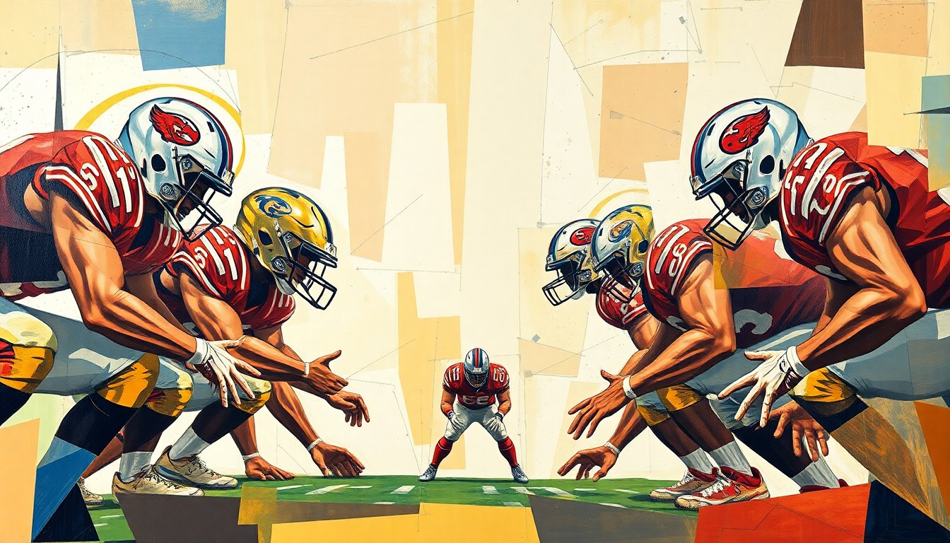 A cubist-style painting depicting a football offensive line broken down into sharp, overlapping geometric shapes and planes, conveying the complexity and fragmentation of the Ravens' offensive line.