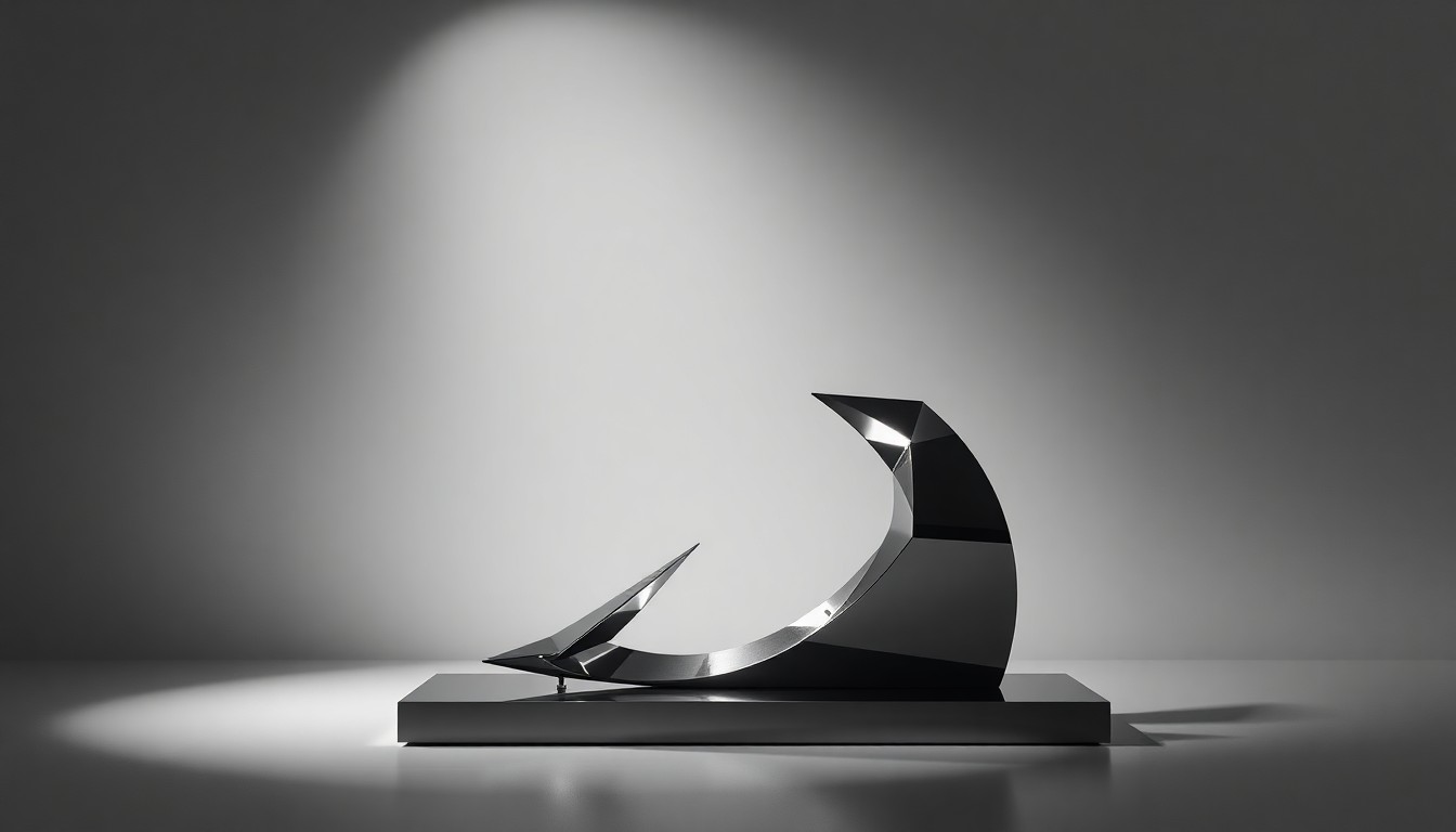 A highly polished, geometric metal sculpture representing an abstract corporate strategy, set against a clean, monochromatic background and illuminated by dramatic studio lighting to symbolize the complexities of the industrial real estate market.