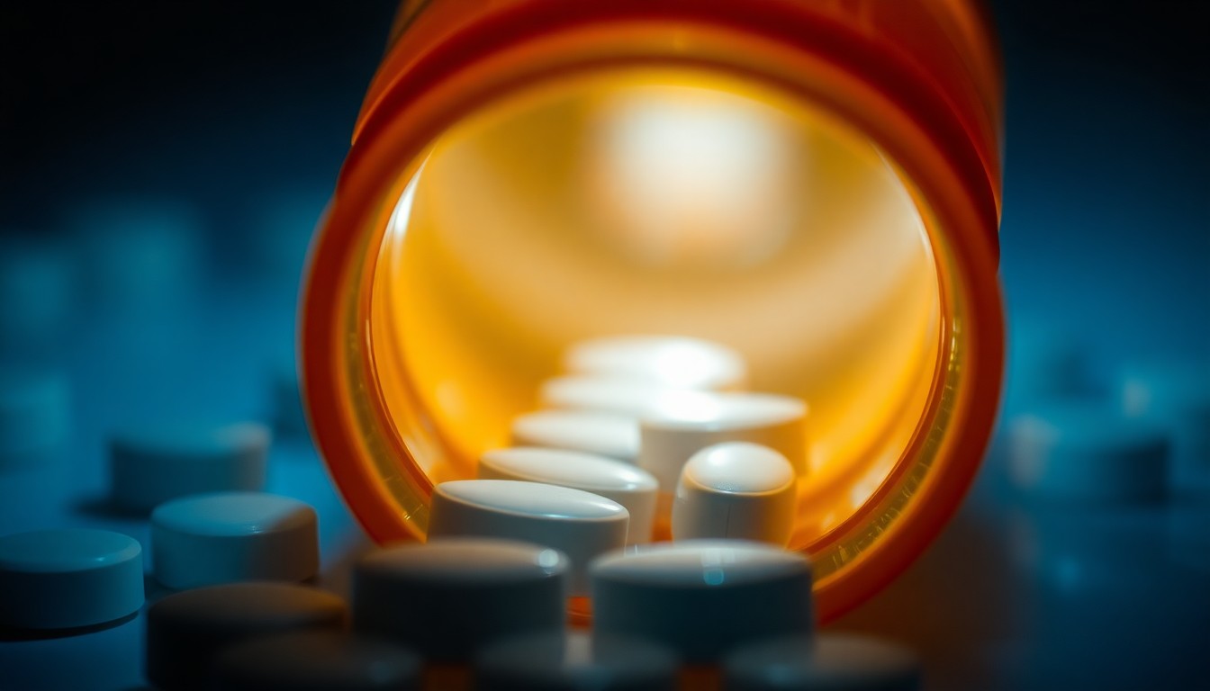 An extreme close-up of a prescription pill bottle with a faint reflection of the camera flash, conceptually representing the investigation into the prescription drug use that may have contributed to Tiger Woods' DUI incident.