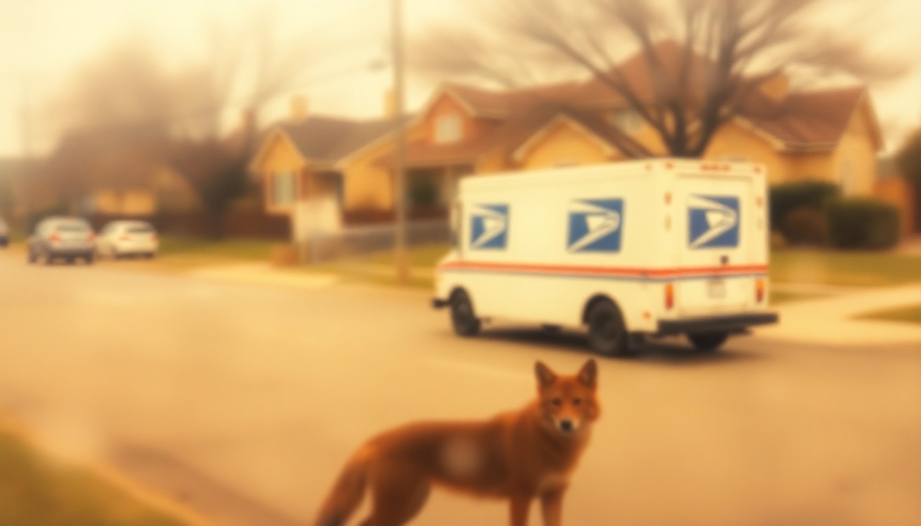 An extremely abstracted, out-of-focus photograph of a blurred residential street scene with a USPS mail truck in the distance and a faint coyote silhouette in the foreground, conceptually illustrating the disruption to mail delivery caused by coyote encounters in the area.