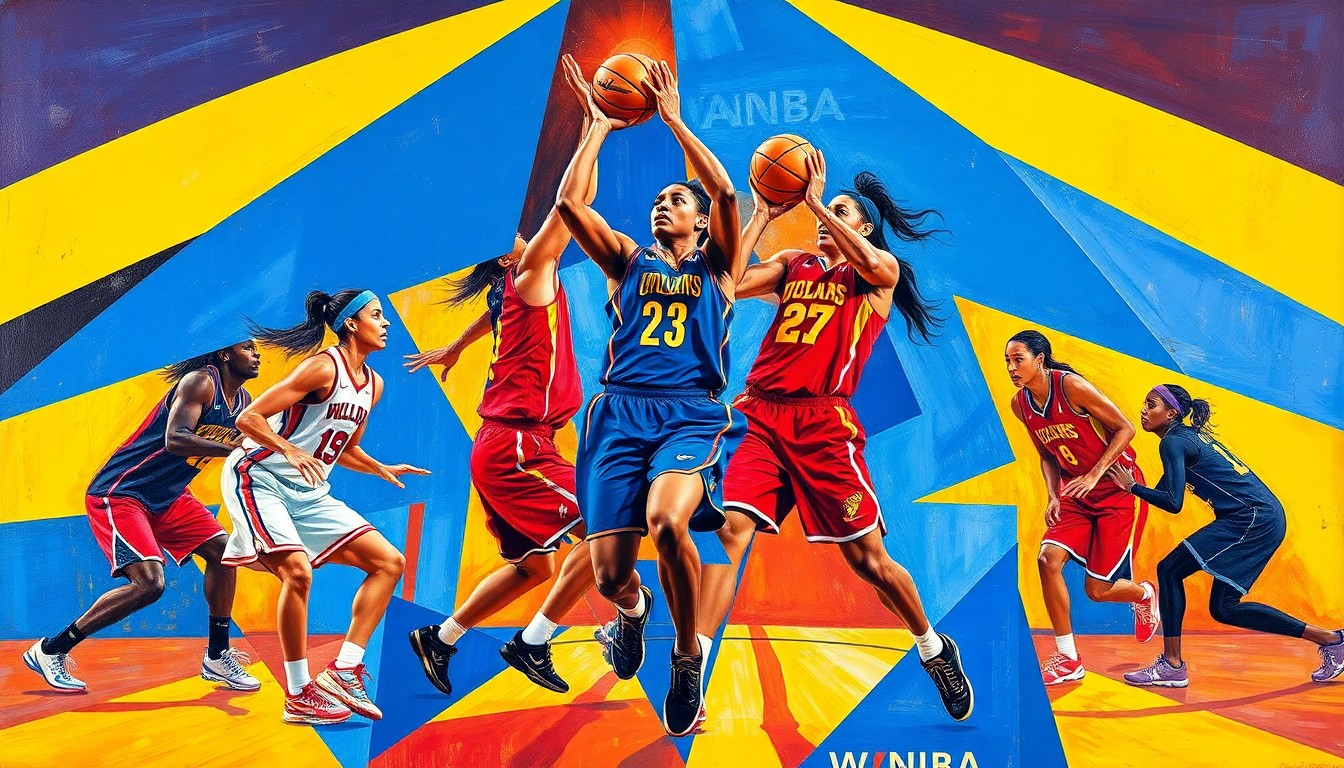 A cubist, geometric painting depicting the dynamic movements and energy of a WNBA basketball game, with the players' forms abstracted into sharp, overlapping shapes in a vibrant color palette.