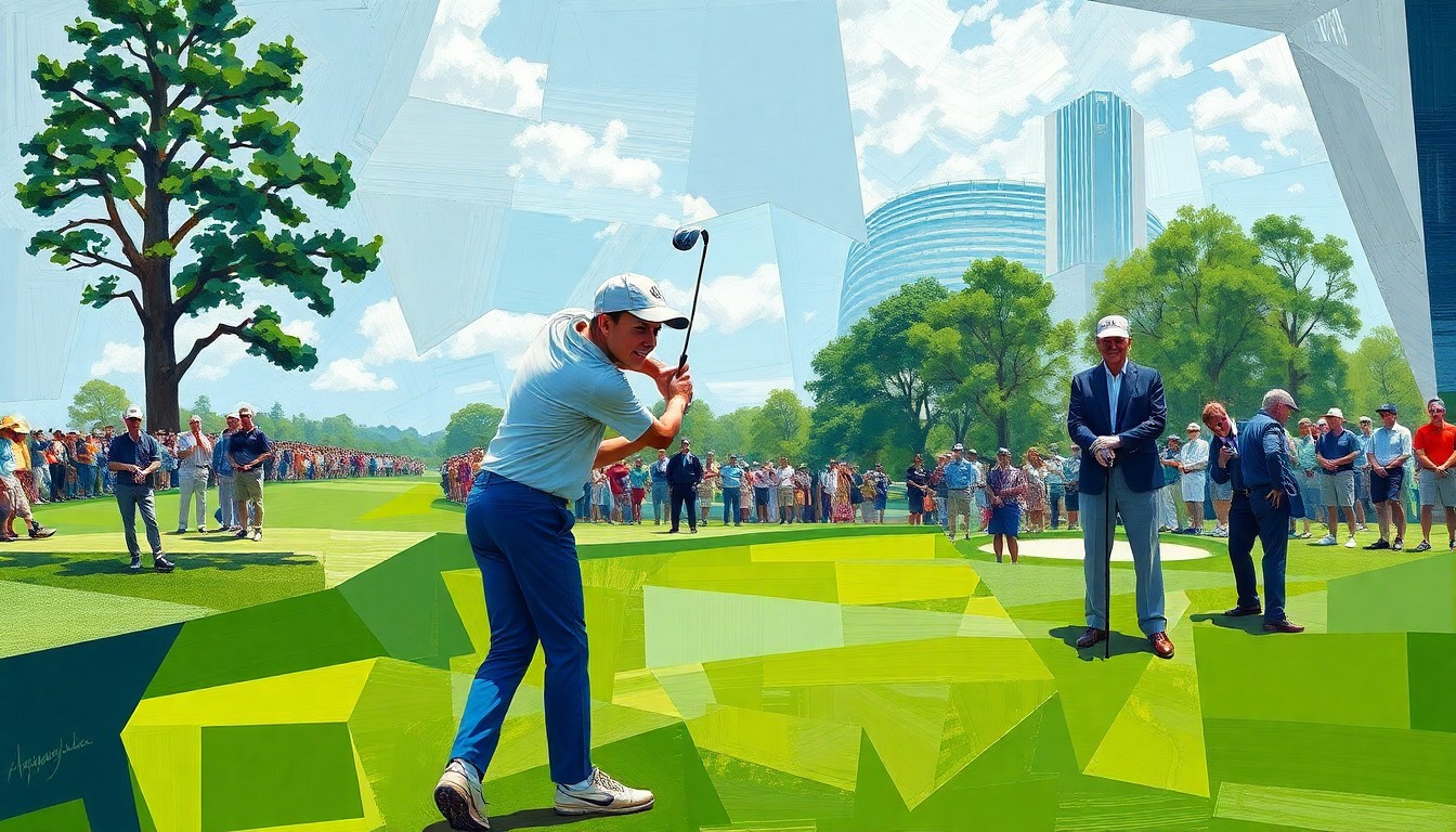 A cubist, geometric painting depicting the Par 3 Contest at Augusta National, with the young Frankie Fleetwood taking a swing at the center of the frame, surrounded by other golfers in the background.