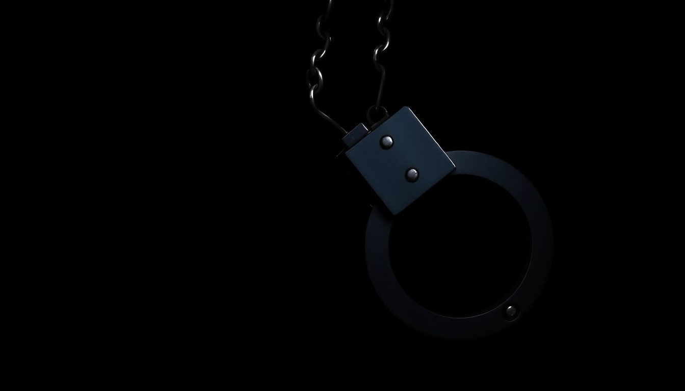 An extreme close-up photograph of a pair of metal handcuffs against a stark black background, creating a gritty, investigative aesthetic that conceptually represents the arrest and prosecution of a sexual predator.