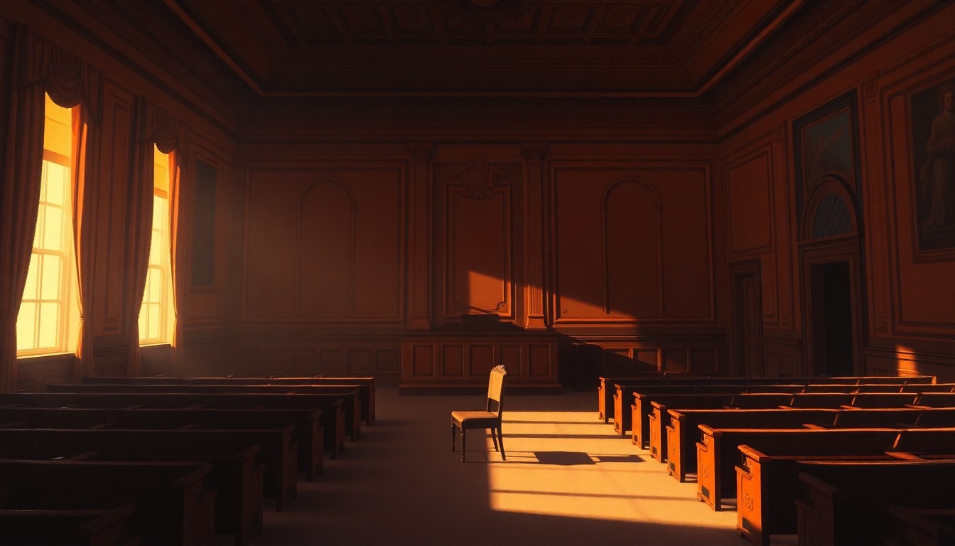 A serene, cinematic painting of an empty city council chamber with warm, dramatic lighting, conveying a sense of solitude and unease following a council member's resignation.