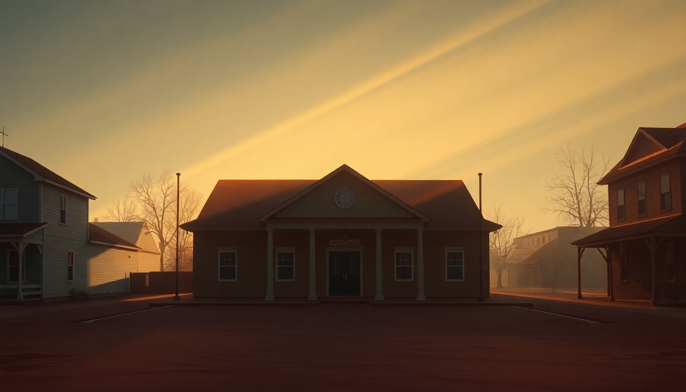 A serene, nostalgic painting of an empty town square or village hall in muted earth tones, with warm sunlight casting long shadows across the scene, conveying a sense of civic stagnation and political division.