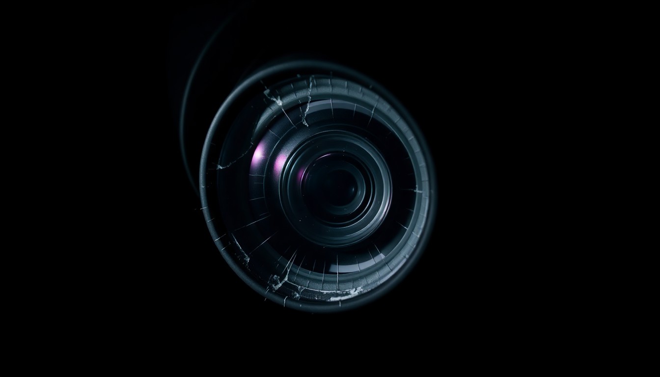 An extreme close-up photograph of a broken security camera lens against a pitch-black background, conceptually illustrating the vandalism of apartment security systems.