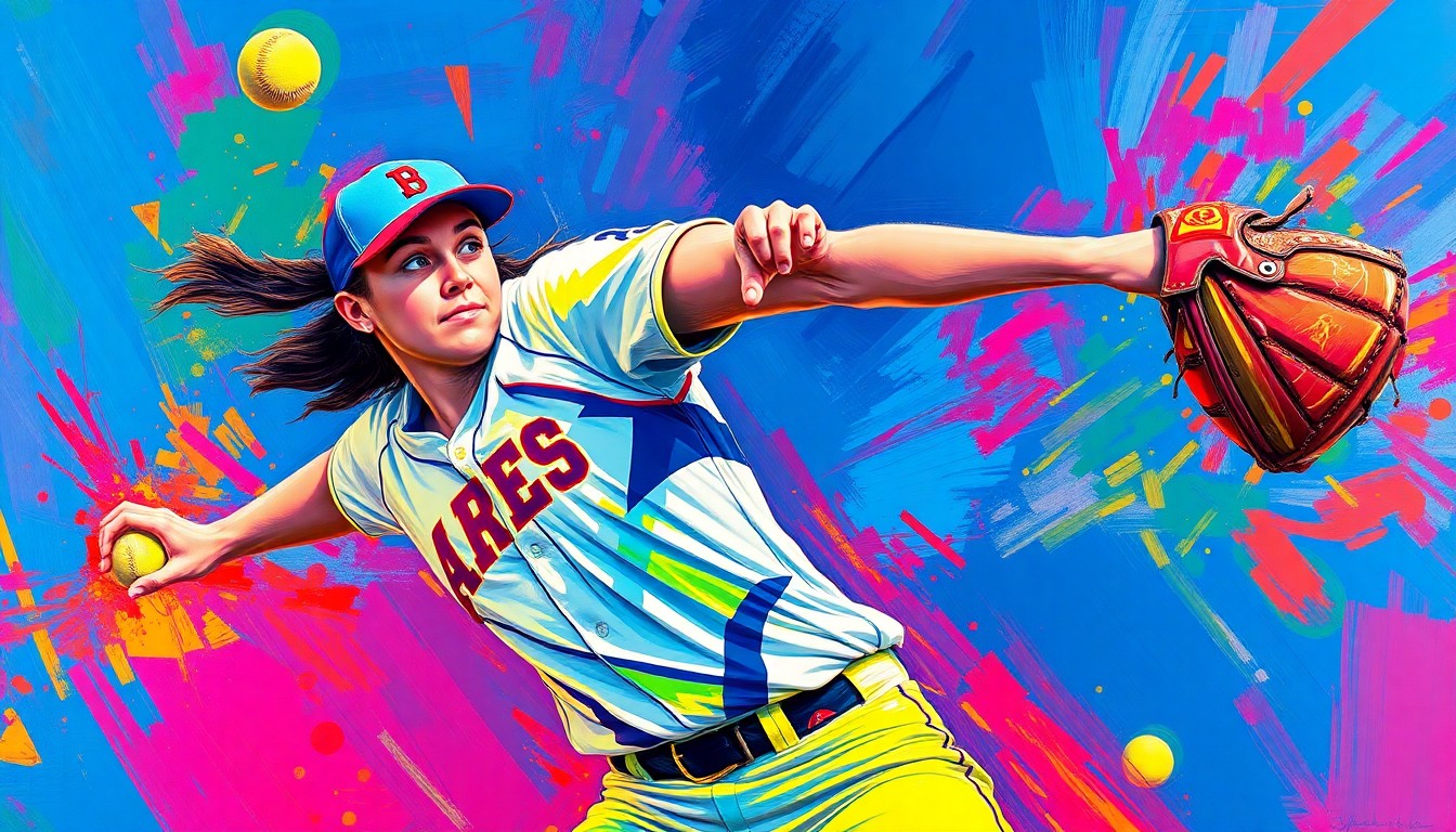 An abstract, energetic painting featuring bold, neon-colored brushstrokes that capture the explosive motion and raw power of a softball pitcher's delivery.