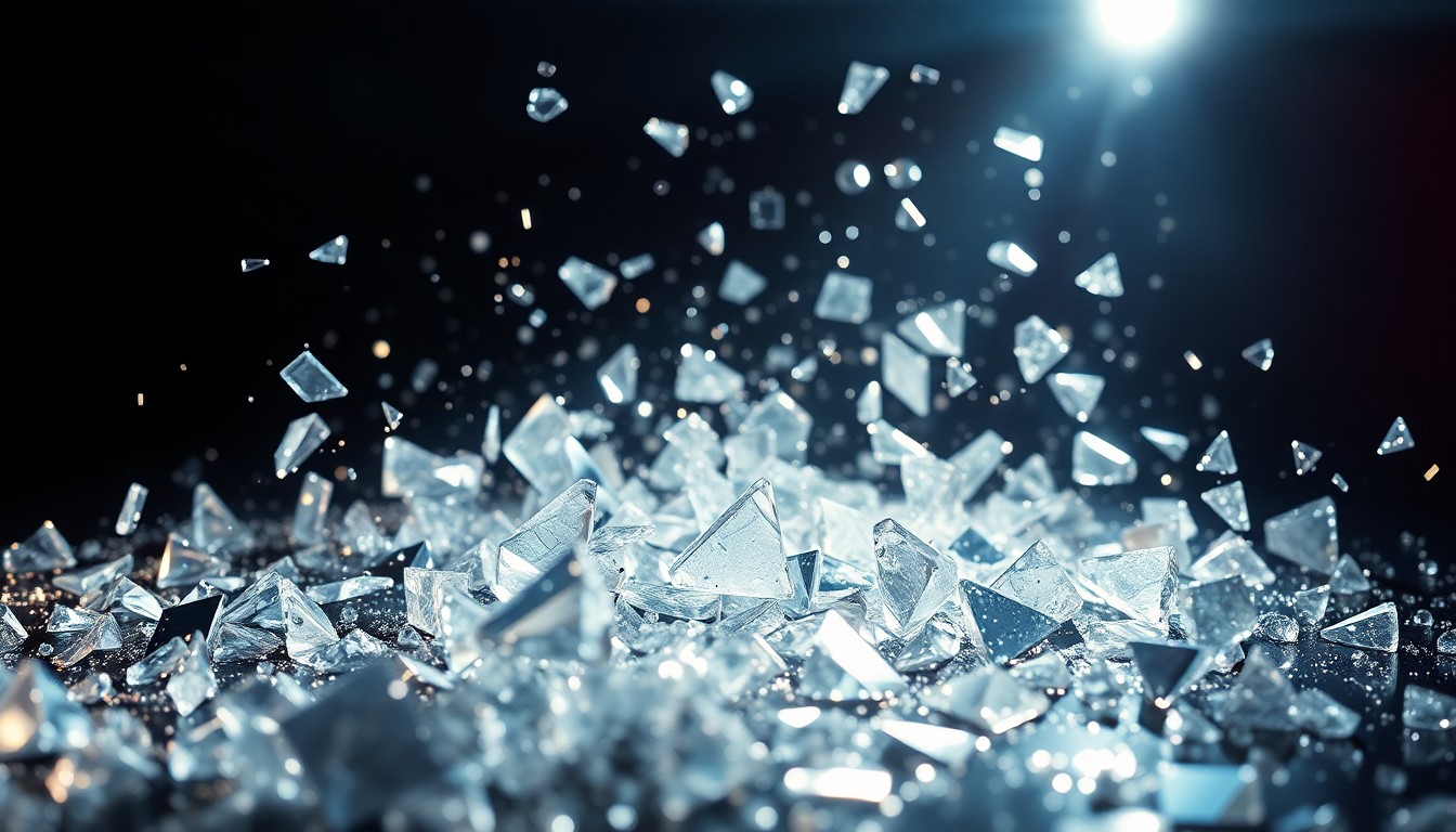 An extreme close-up of shattered, glittering glass fragments reflecting bright studio lights, conveying the innovative and visually dazzling nature of modern cinema.