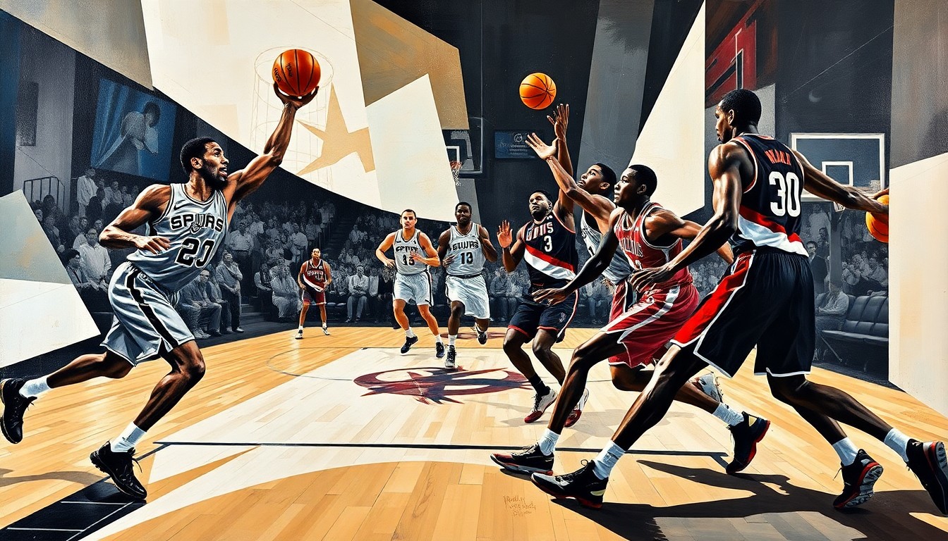 A fractured, geometric painting depicting the dynamic motion and energy of a basketball game, with the players' figures broken down into abstract shapes and forms.