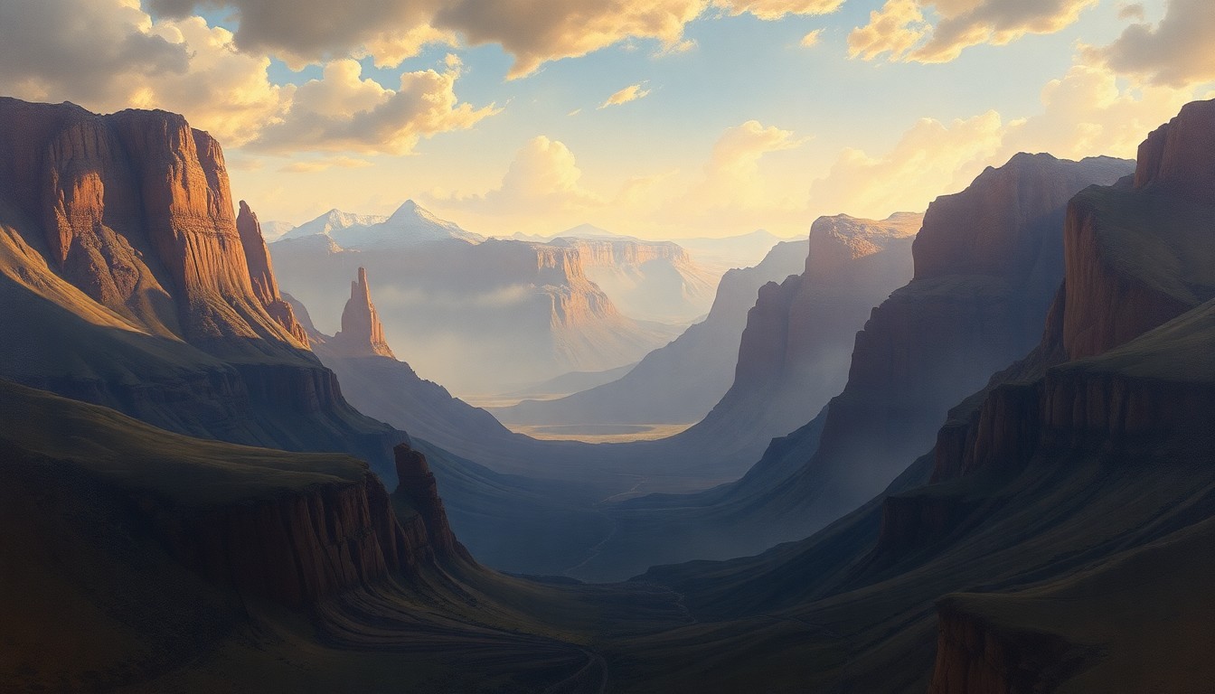 A sweeping, atmospheric landscape painting in muted earth tones, with a vast, hazy horizon and dramatic lighting casting long shadows, conveying the overwhelming scale and power of extreme weather conditions.