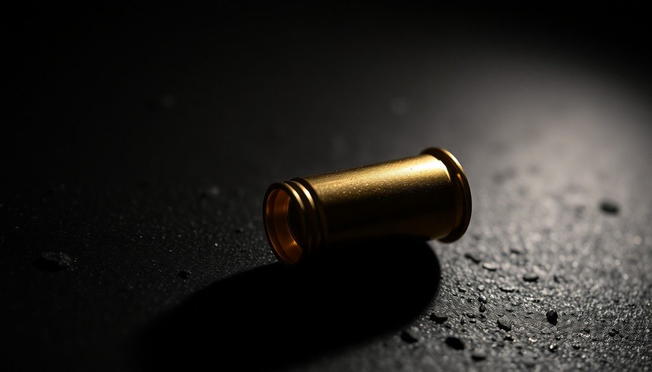An extreme close-up photograph of a single spent shell casing on a dark, textured surface, lit by a harsh, direct camera flash, conceptually representing the evidence of a violent crime.