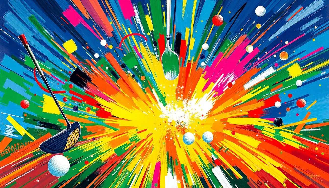 An abstract, expressionist painting in vibrant neon colors depicting the energy and excitement of the Masters golf tournament, with swirling brushstrokes and fragmented shapes representing golf equipment and sporting elements.