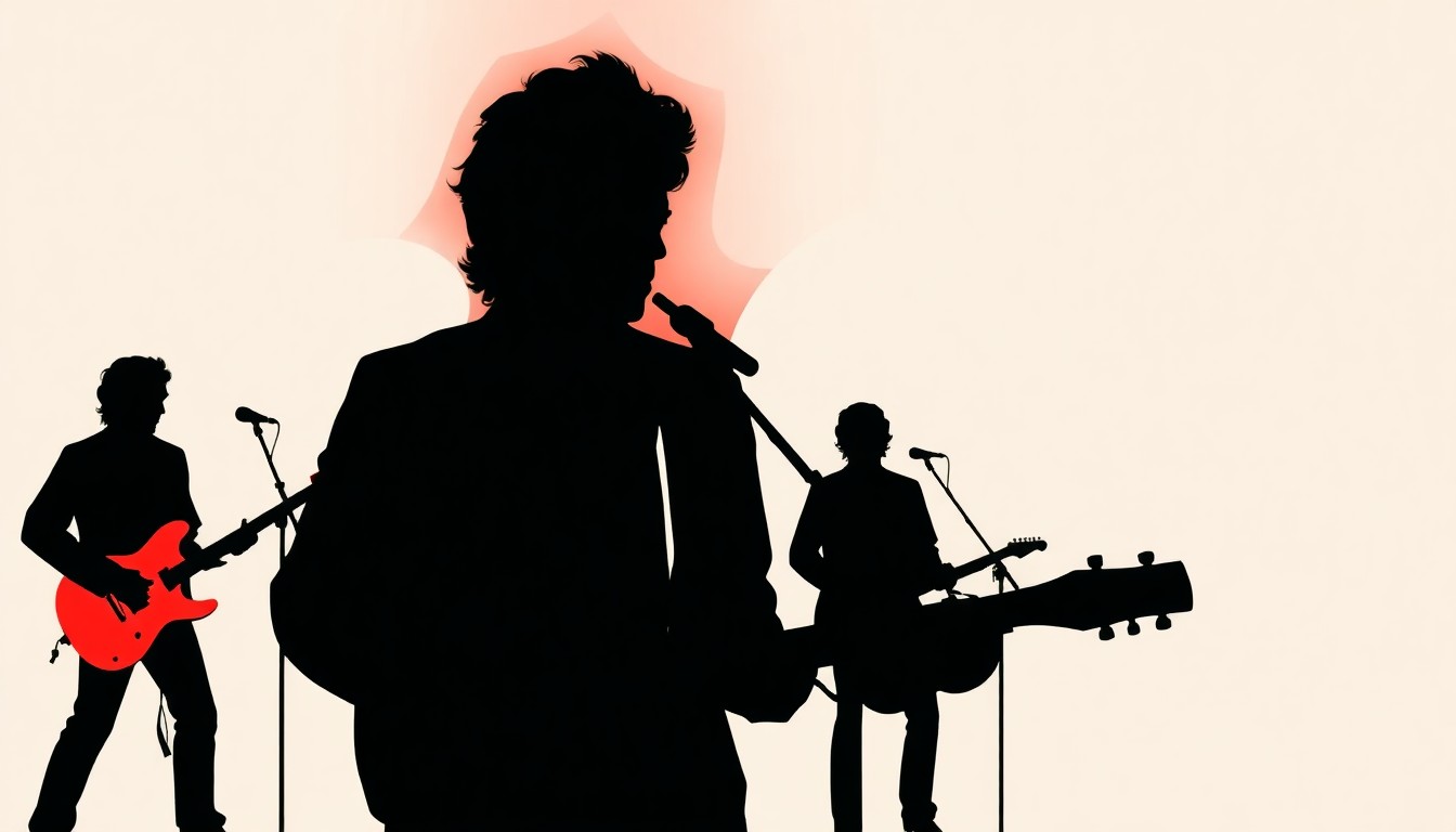 An abstract composition of jagged black silhouettes and bold red and white shapes, representing the iconic musical legacy of Bob Dylan.