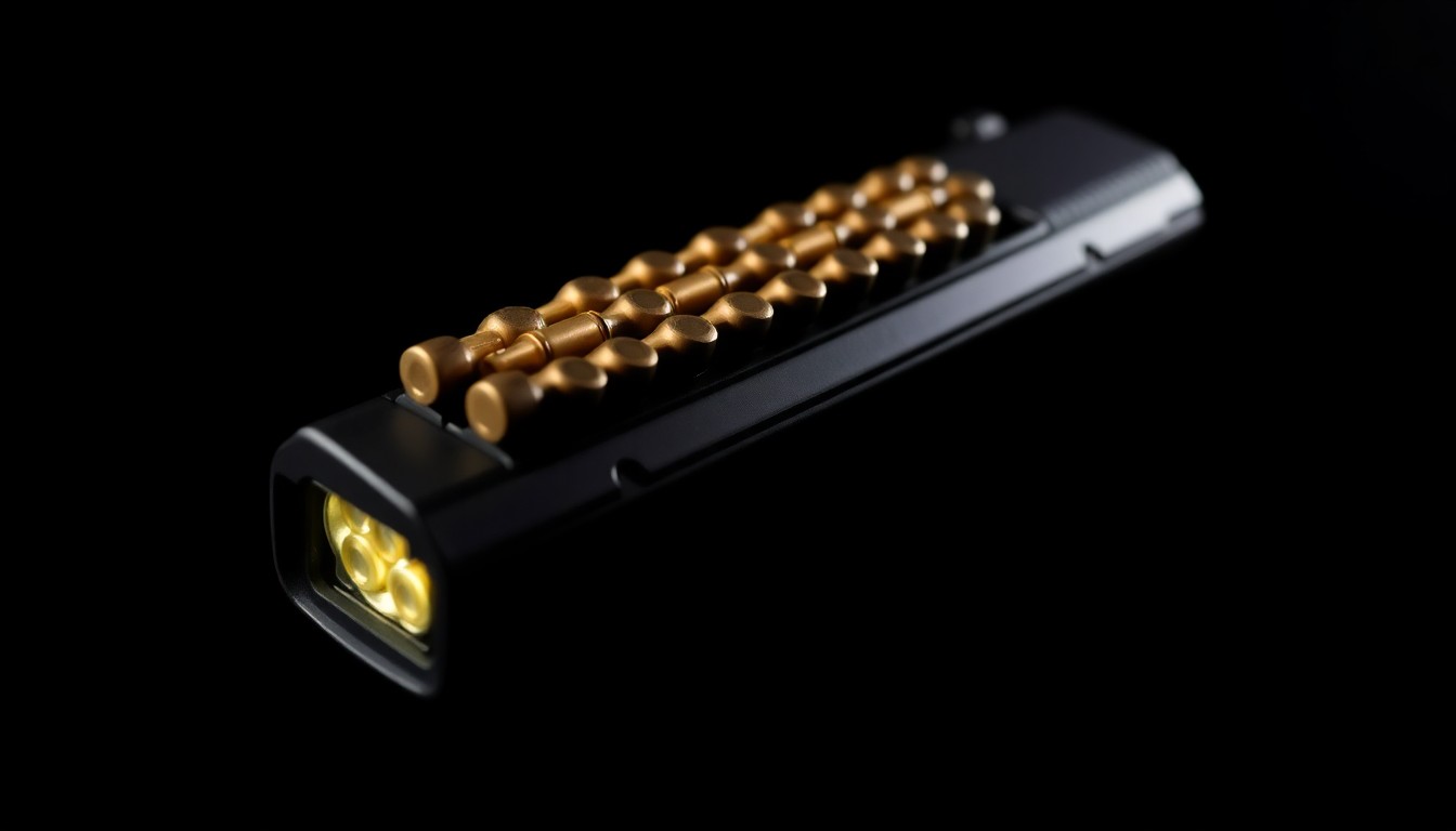 An extreme close-up of a handgun magazine loaded with ammunition, reflecting a harsh, direct flash of light against a pitch-black background, conveying the gritty, investigative nature of this crime story.