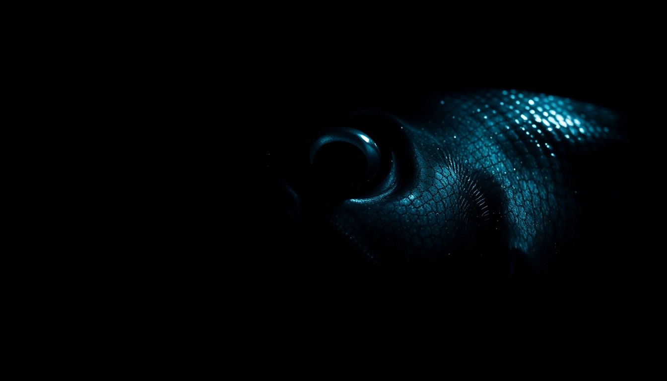 An extreme close-up photograph of a fish scale or fin, lit by a harsh, direct camera flash against a pitch-black background, conceptually representing the investigation into a fraudulent fishing claim.