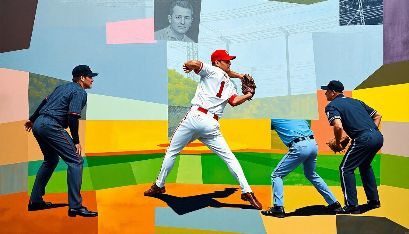 A cubist-style painting depicting a baseball pitcher in the middle of his delivery, with the batter, catcher, and umpire all represented in sharp, overlapping geometric shapes, conveying the energy and movement of the game.