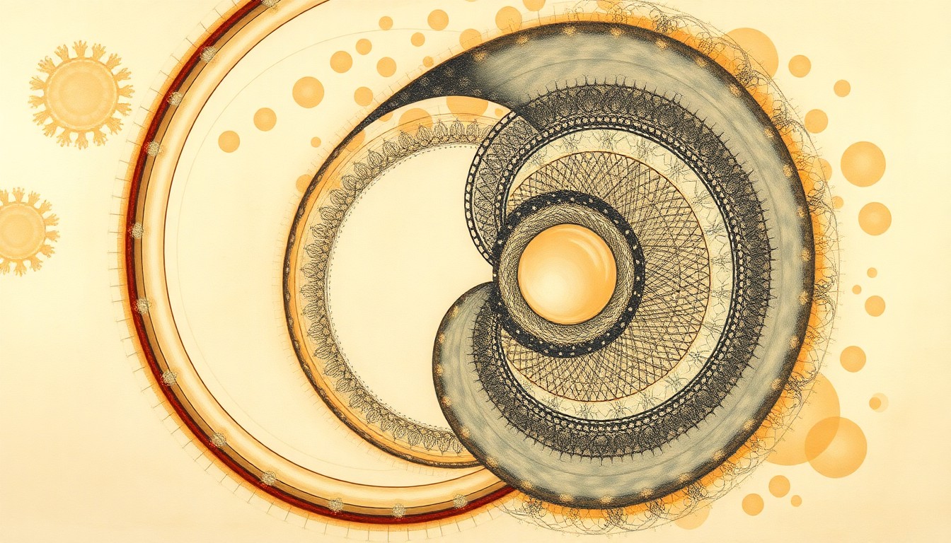 An abstract, highly structured painting in soft, earthy tones depicting the complex cellular interactions and biological forces at the maternal-fetal interface, conveying the structural complexity of this critical biological process.