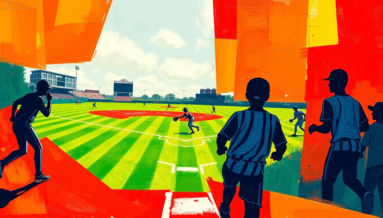 A fractured, geometric painting depicting the dynamic motion and energy of a high school baseball game, with players' silhouettes and the field's elements broken down into sharp, overlapping planes of color.