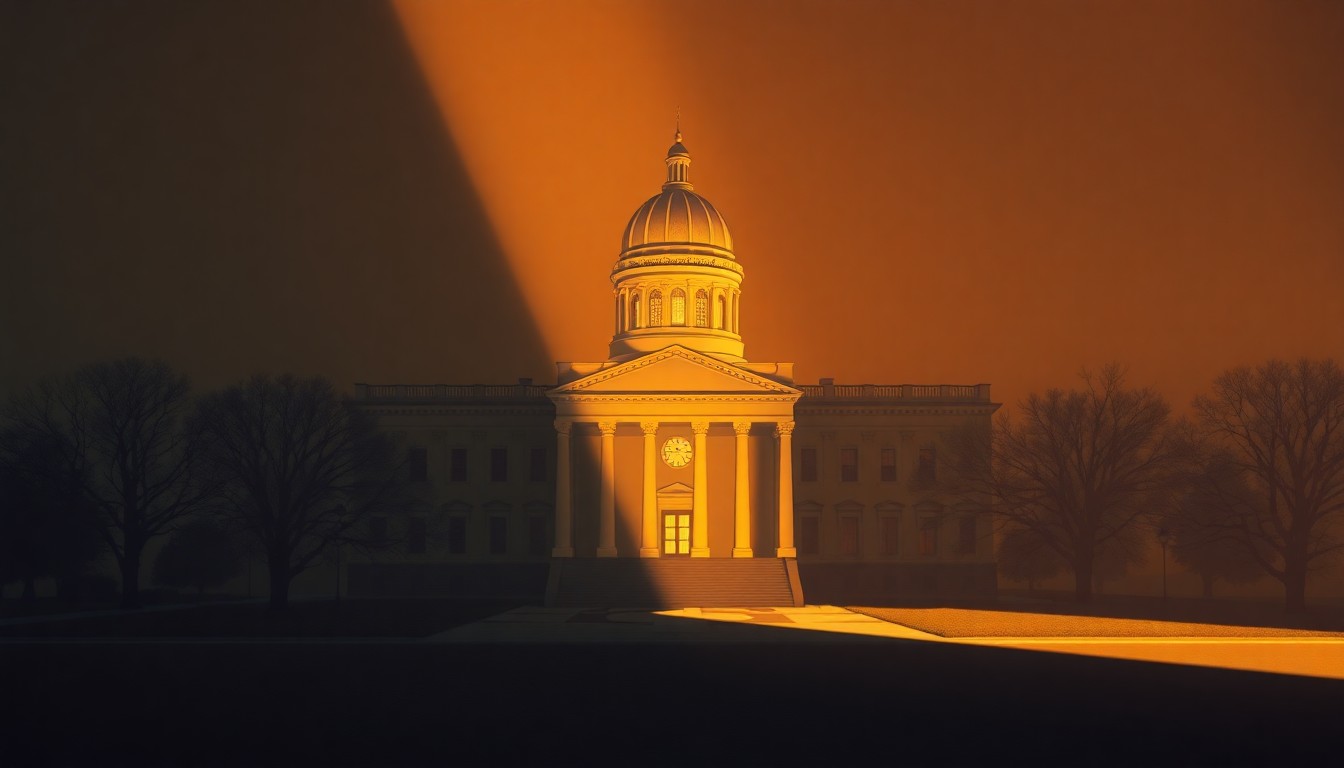 A serene, realistic painting of a state capitol building in warm, golden light, with deep shadows cast across the facade, conveying a sense of quiet contemplation around the state's political process.