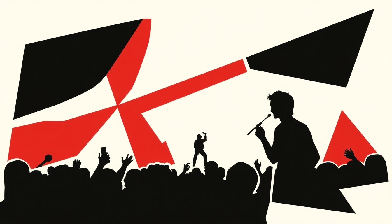 An abstract, minimalist illustration featuring bold, jagged black and white shapes with a splash of red, conceptually representing the idea of a music fan recording live performances over many years.