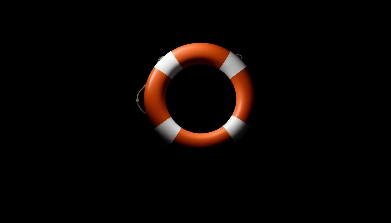An extreme close-up photograph of a lifesaver ring against a pitch-black background, the harsh flash creating dramatic shadows and textures that convey a serious, investigative mood around the case.