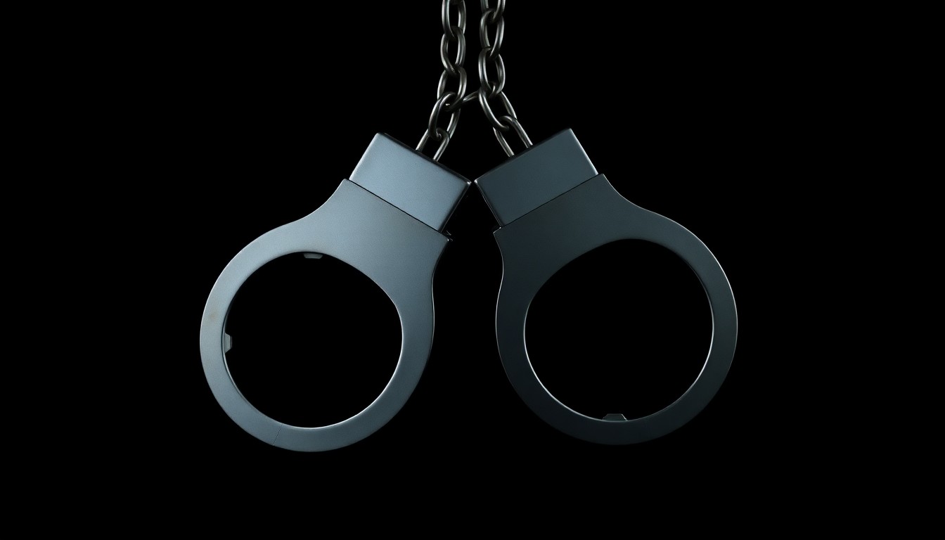 An extreme close-up of a pair of handcuffs against a pitch-black background, the metal reflecting a harsh, direct flash of light, conveying a sense of gritty, investigative urgency around issues of criminal justice and sexual exploitation.