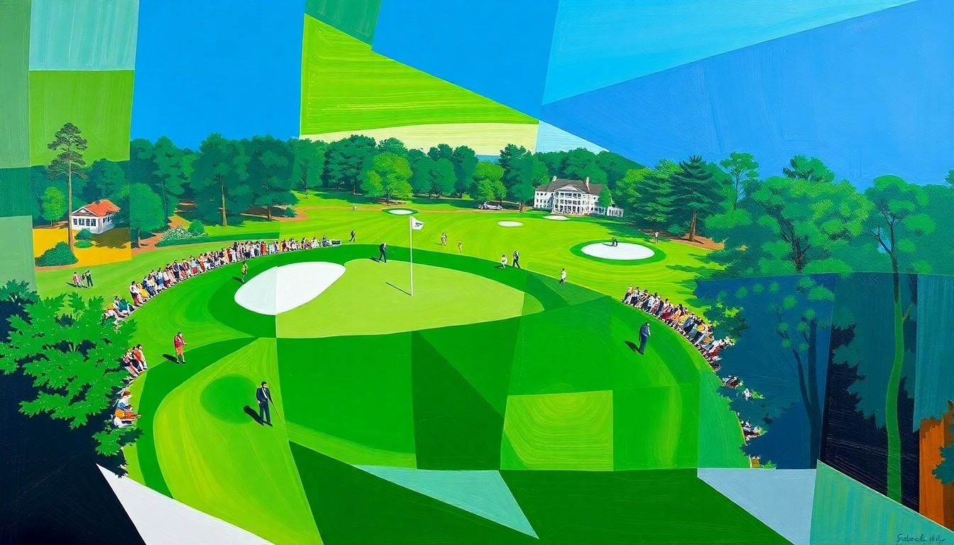 A cubist, geometric painting depicting the action and drama of Amen Corner at the Masters, with overlapping planes of green, white, and blue representing the lush Augusta National landscape and the challenging golf holes.