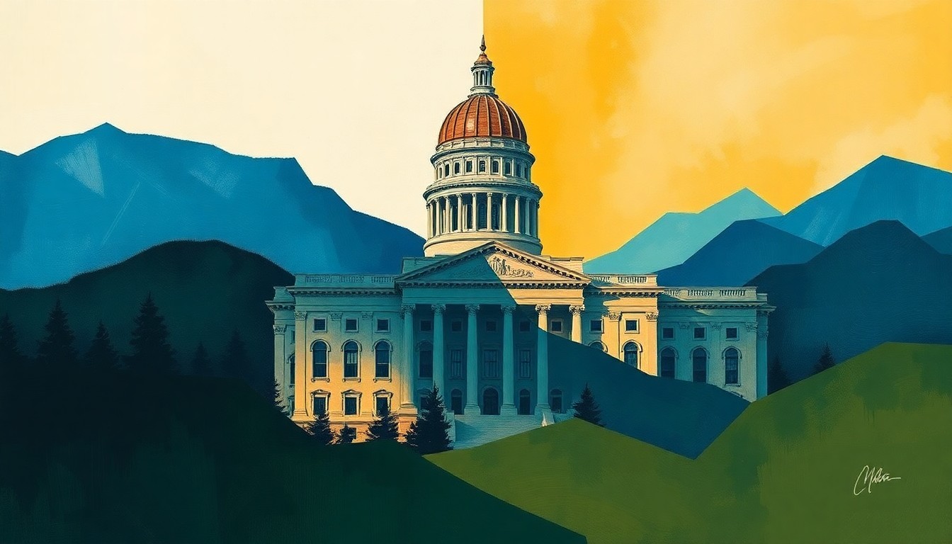A dynamic, abstract painting featuring the Montana state capitol building in overlapping, fractured geometric shapes in shades of blue, green, and ochre, conveying a sense of political tension and high stakes.