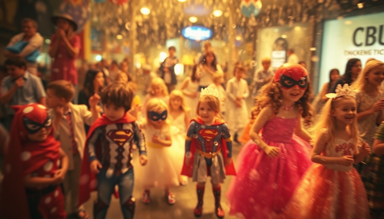 An extremely blurred and abstracted scene of children in colorful superhero and princess costumes playing and interacting with costumed characters, captured in a soft, dreamlike wash of warm light and color.