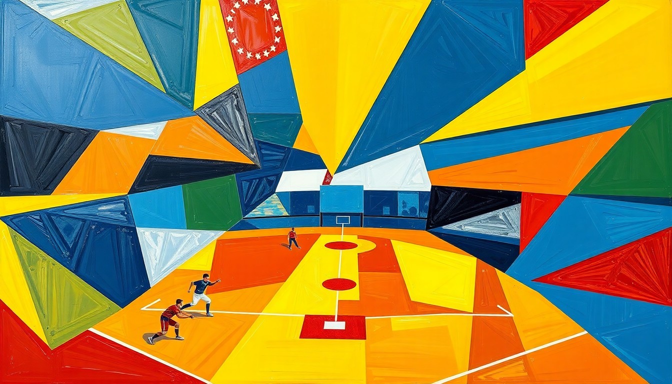 A cubist, geometric painting in navy blue, gold, and red hues, depicting the dynamic action and energy of a high school softball game through fragmented, overlapping shapes and planes.