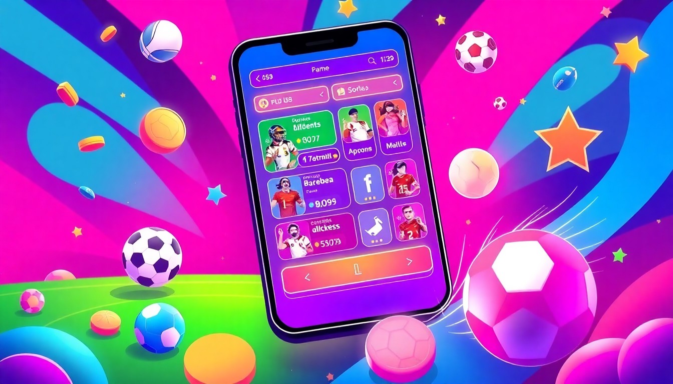 A dynamic, colorful illustration of a sports betting app interface with various sporting event icons and graphics, capturing the excitement and energy of sports betting.