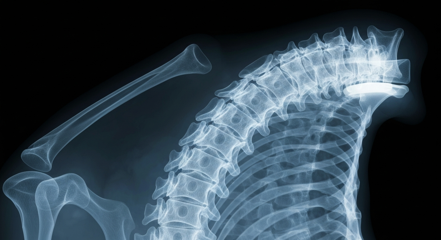 A ghostly, translucent X-ray photograph revealing the intricate internal structure of a human cervical spine with a motion-preserving artificial disc implant, capturing the technical complexity and precision of this advanced spinal surgery.