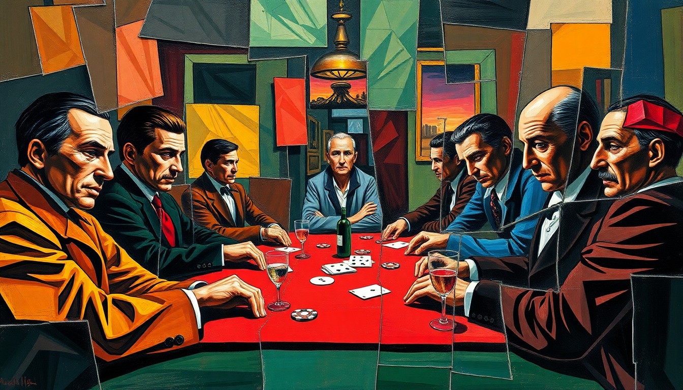 A cubist-style painting depicting a high-stakes poker game, with the players and table broken down into sharp, overlapping geometric shapes and planes in a variety of vibrant colors, capturing the competitive and complex nature of professional poker.