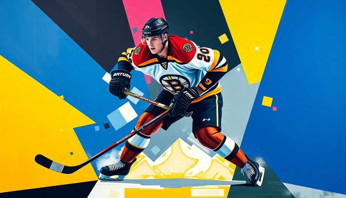 A cubist-style painting depicting a hockey player in mid-action, with their body broken down into sharp, overlapping geometric shapes in the team colors of the Boston Bruins and Boston College.