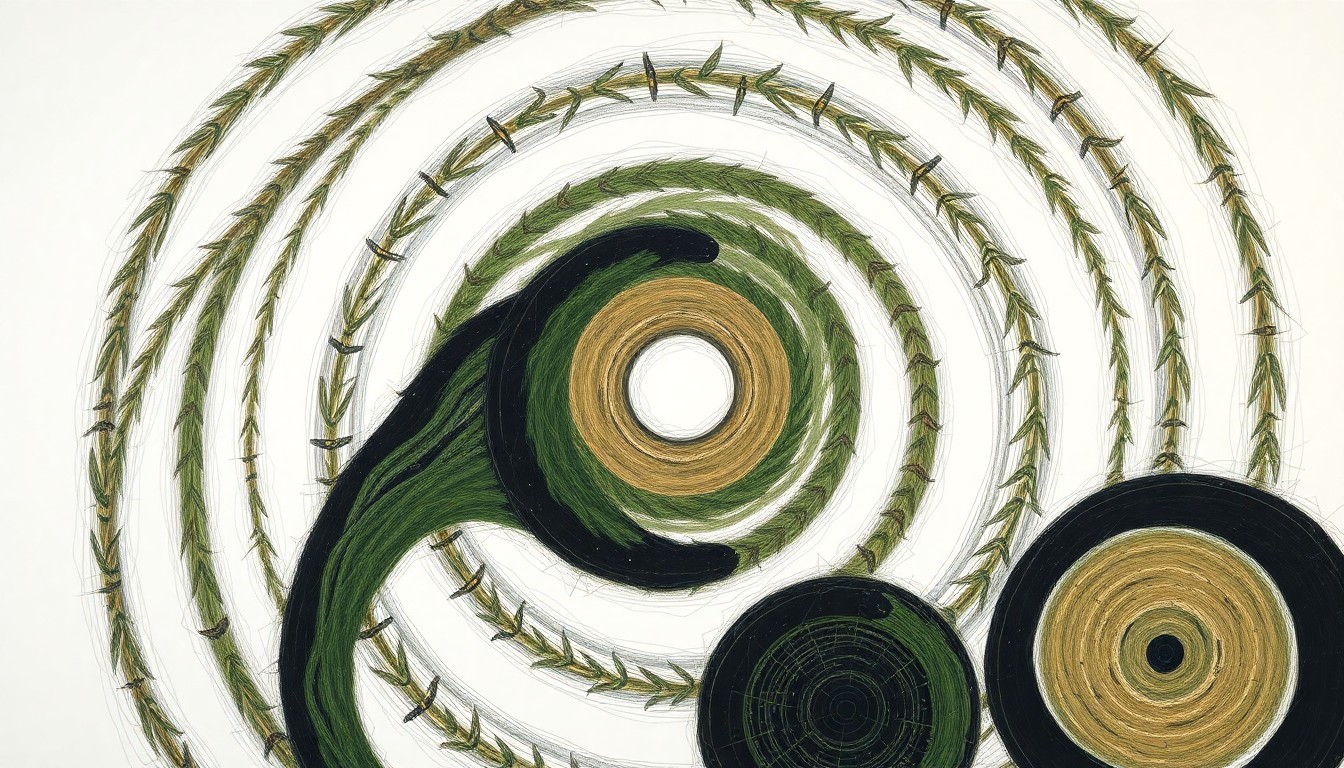 A bold, abstract painting in earthy tones of green, brown, and black, featuring sweeping geometric arcs, concentric circles, and precise botanical spirals, conceptually representing the scientific process of transforming pine needles into conductive biochar.