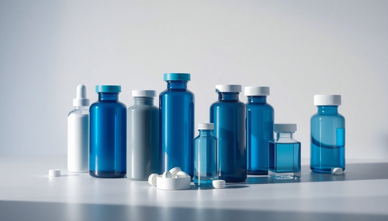 A high-end, photorealistic studio still-life photograph featuring a group of polished, geometric pharmaceutical vials and bottles in shades of blue, gray, and white, arranged elegantly on a clean, monochromatic seamless background with dramatic lighting and shadows.