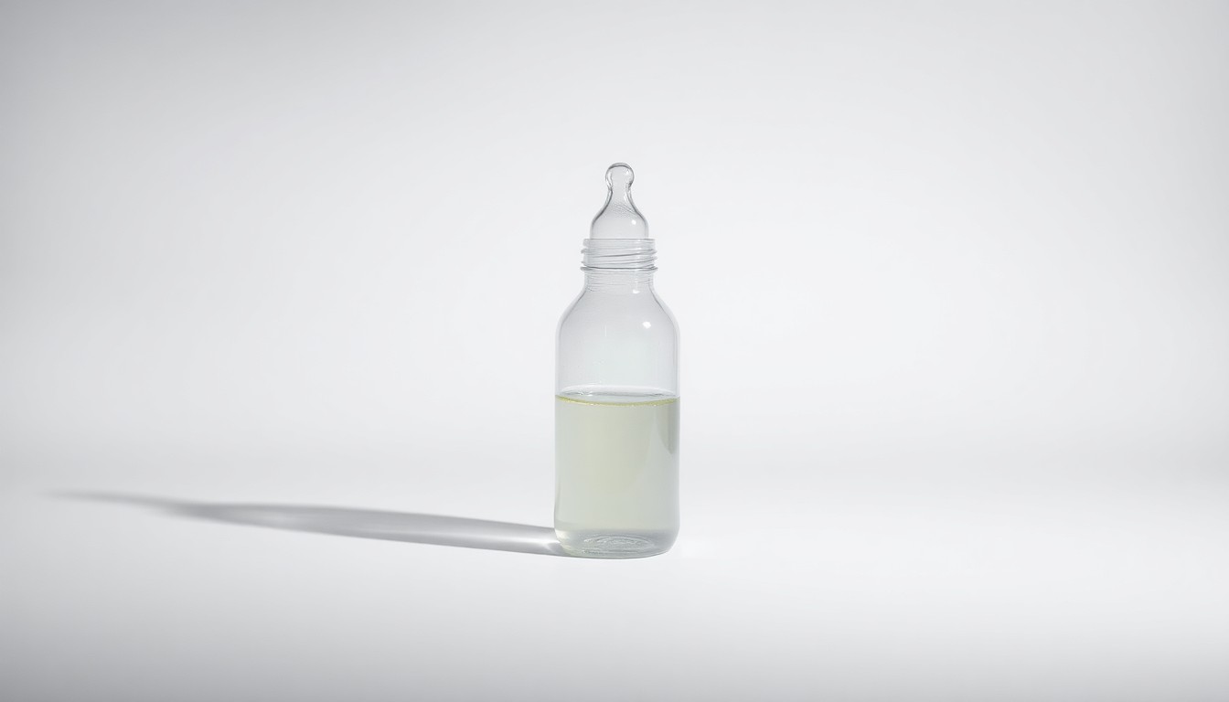 A photorealistic studio photograph of a single glass baby bottle filled with a clear liquid, resting on a clean, monochromatic background and dramatically lit to conceptually represent the abstract corporate and legal issues surrounding the specialized infant formula.