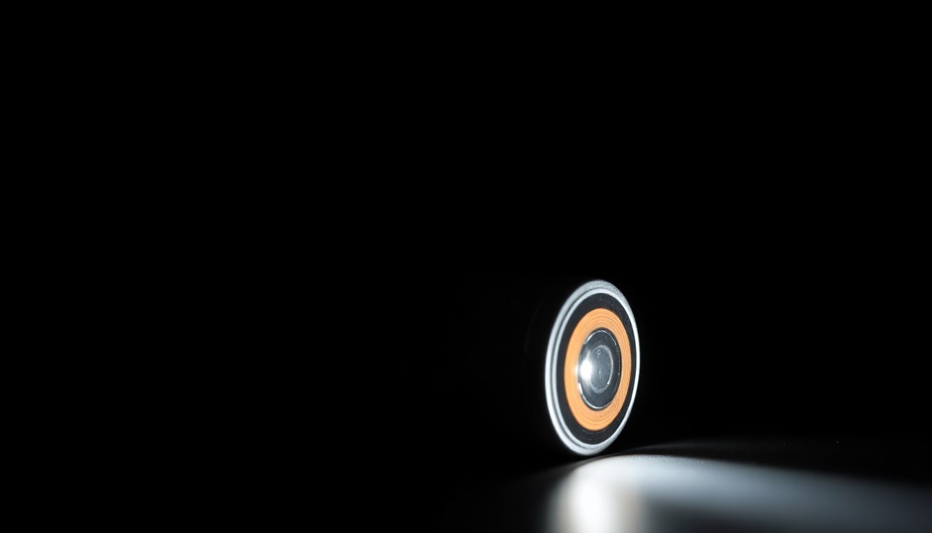 An extreme close-up photograph of a stolen battery pack, its metallic surface and contours dramatically illuminated by a harsh, direct camera flash against a pitch-black background, conceptually illustrating the gritty, investigative nature of this organized retail crime case.
