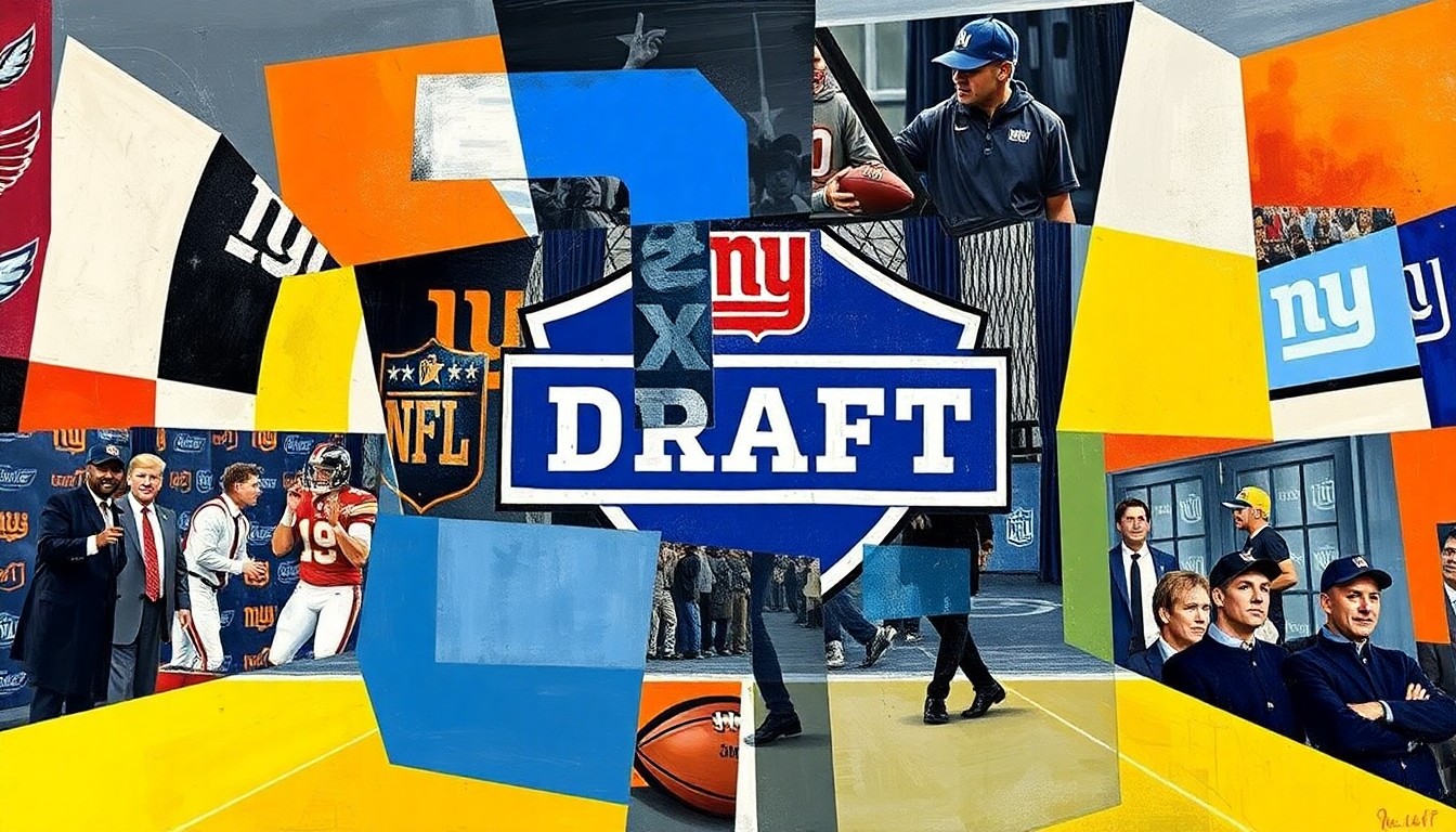 A fractured, cubist-style painting depicting a football draft scene, with the Giants' logo and the NFL Draft logo deconstructed into sharp, overlapping geometric shapes and planes, emphasizing the team's key draft position.