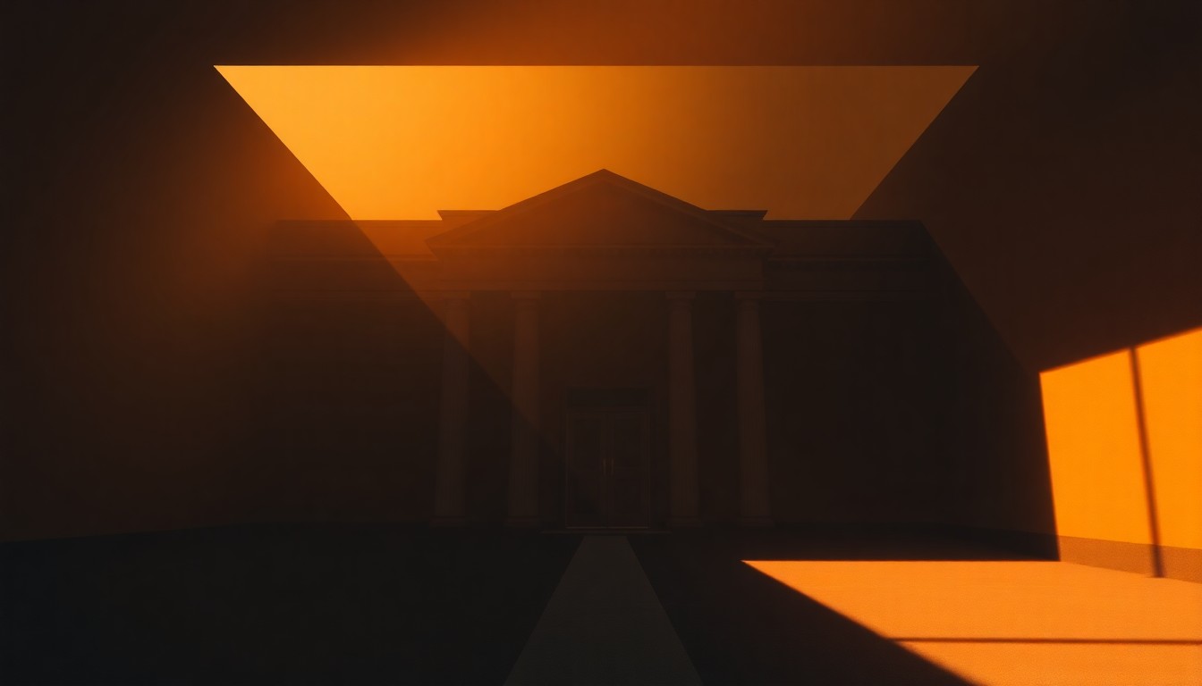 A warm, cinematic painting of a government office building with deep shadows and diagonal sunlight, conveying a sense of quiet contemplation and the weight of political decisions.