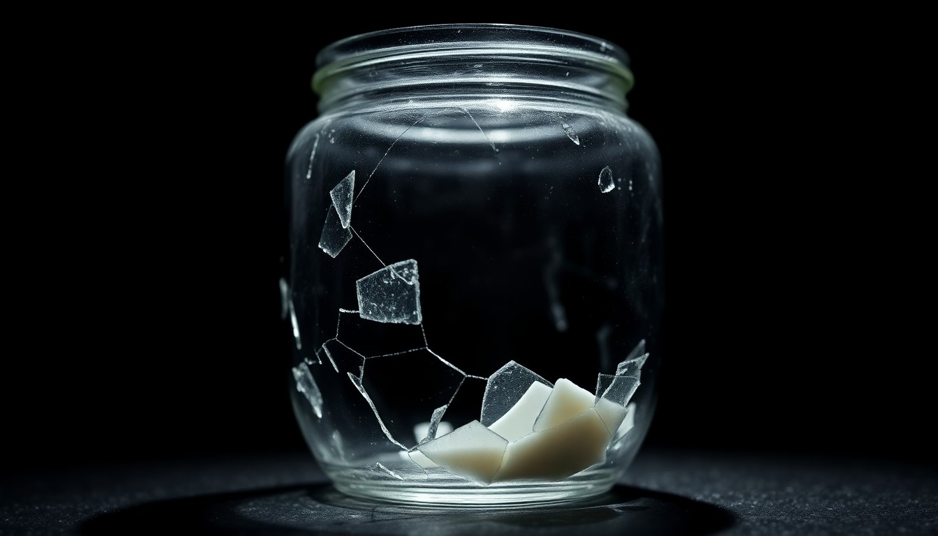 An extreme close-up photograph of a shattered glass jar or broken ceramic shard, lit by a harsh, direct camera flash against a pitch-black background, conceptually illustrating the gritty details of a high-profile murder case.