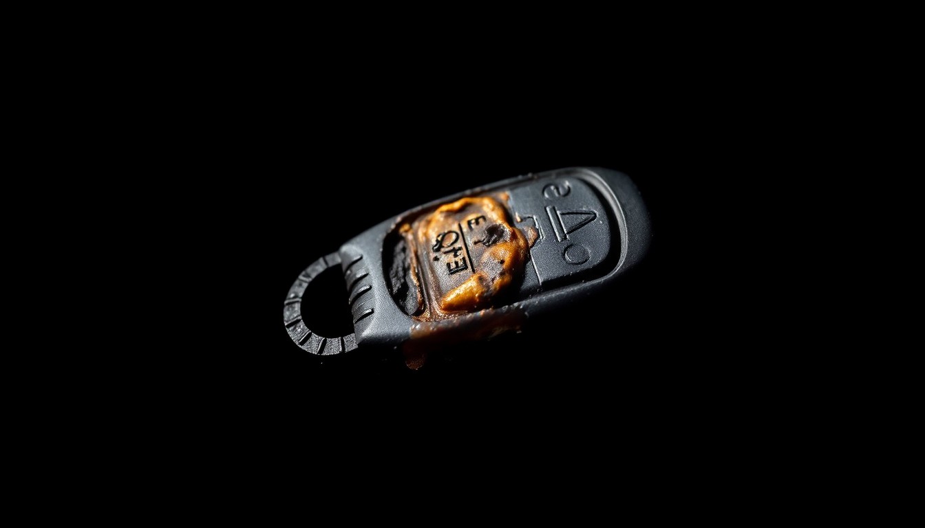 An extreme close-up of a melted and charred car key fob, conceptually representing the damage caused by the arson attacks on NYPD vehicles.