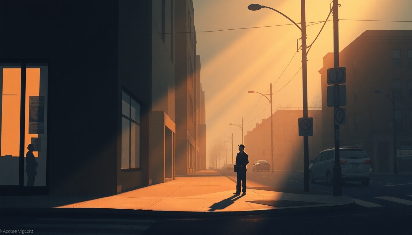 A cinematic painting of a solitary figure standing alone on a city street corner, the warm light and deep shadows creating a contemplative, nostalgic mood that evokes the council member's reflections on supporting her community.
