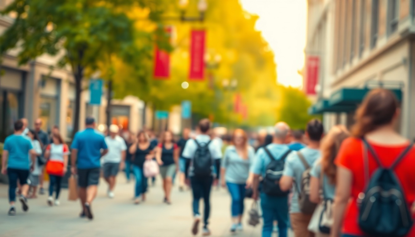 An abstract, impressionistic photograph in soft focus showing the silhouettes of people walking along a city street, conveying the lively atmosphere of a university open house event.