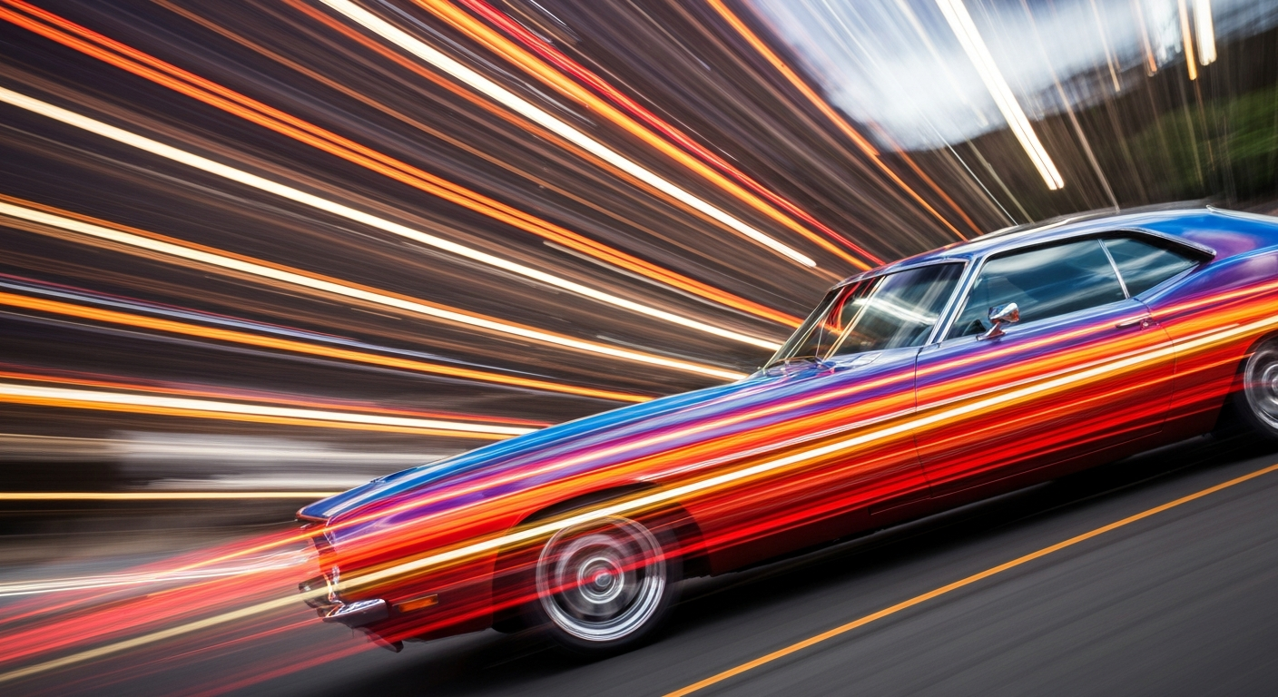 An abstract, blurred image of a classic muscle car in motion, with streaks of vibrant colors representing the energy and passion of the automotive enthusiast community.