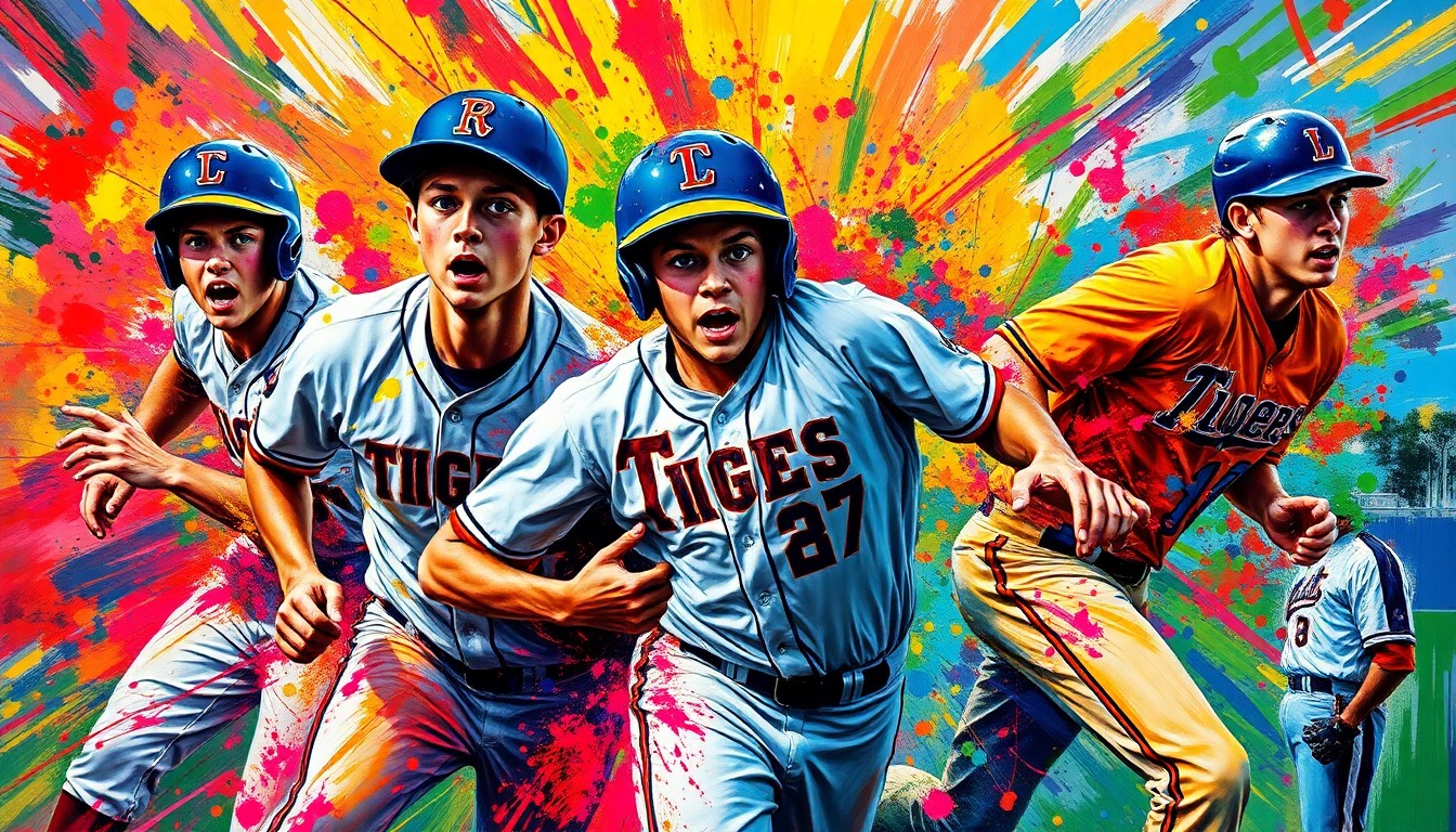 An abstract, expressionist painting in vibrant neon colors depicting the dynamic motion and energy of a baseball game, with players' forms dissolving into bold, energetic brushstrokes.