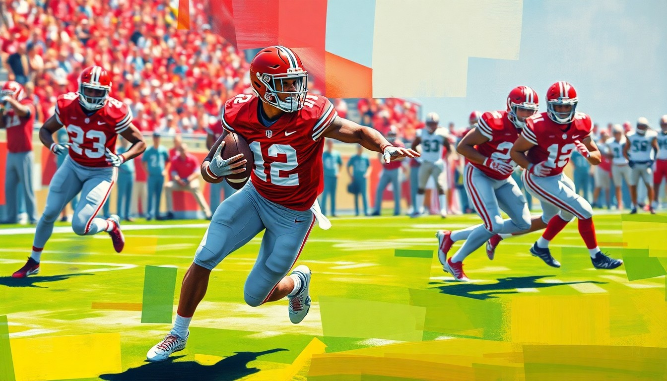 A cubist, geometric painting depicting a college football defensive back in motion, with sharp, overlapping planes of scarlet and gray colors representing Ohio State's uniform colors.